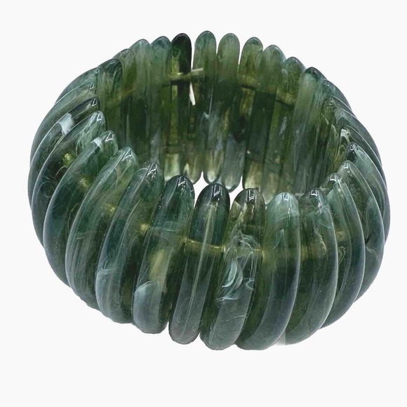 Marbled Green Resin Stretch Cuff Bracelet Chunky Ribbed Bangle Fairycore J-01 - Picture 5 of 7